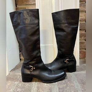 Miu Miu Black Leather Motor Riding Boots with Gold Buckle
